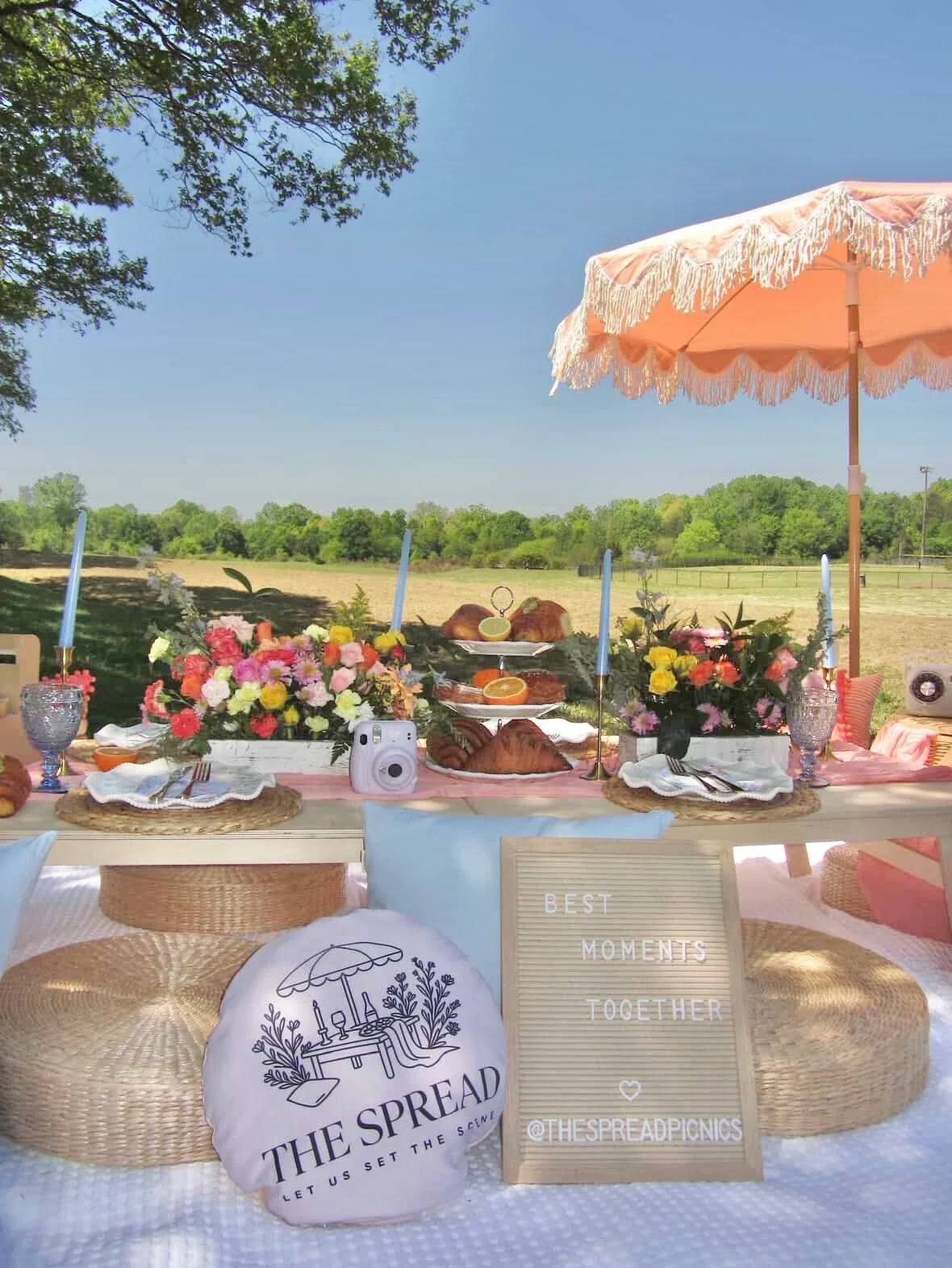 A colourful picnic table under a peach fringed umbrella, with a pillow printed with The Spread logo