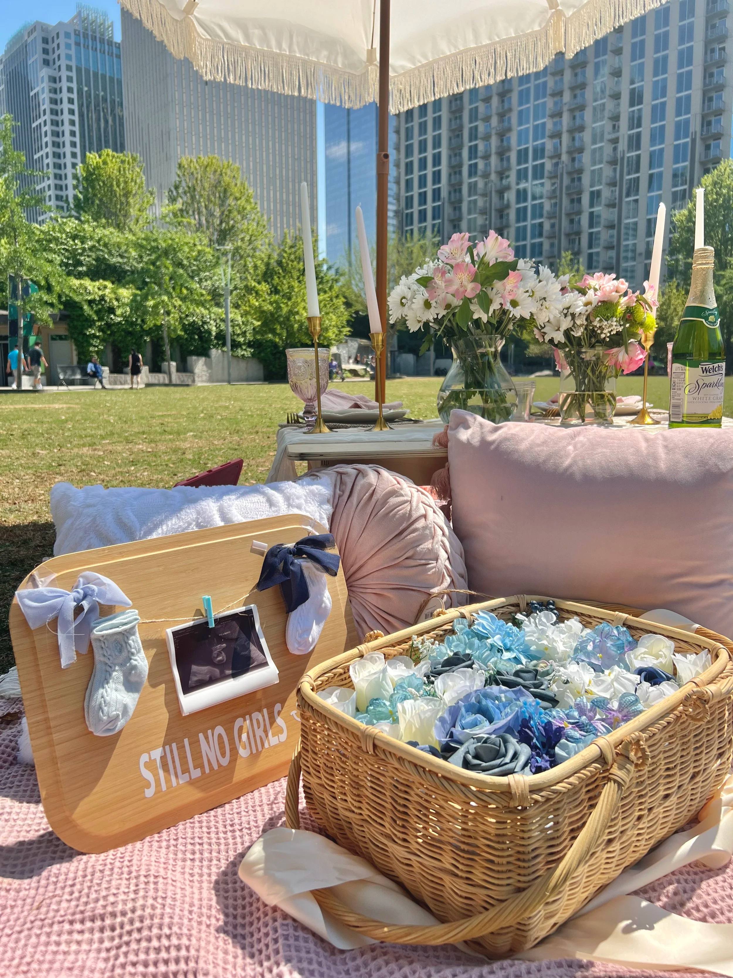 A Still No Girls gender reveal sign with a sonogram photo beside a basket of blue favors at a pink picnic in a city park