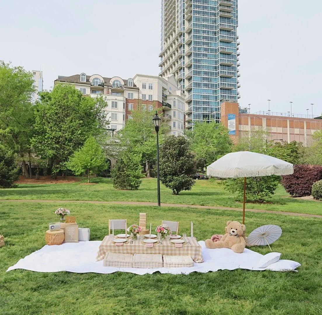 A picnic with a teddy bear on a park lawn below city high-rises
